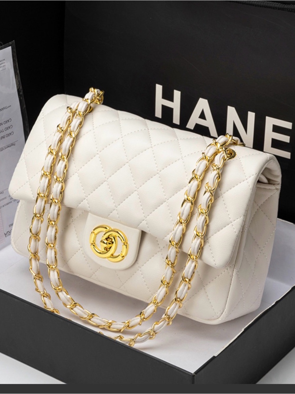 CHANEL Quilted Shoulder Bag in White with Gold Hardware